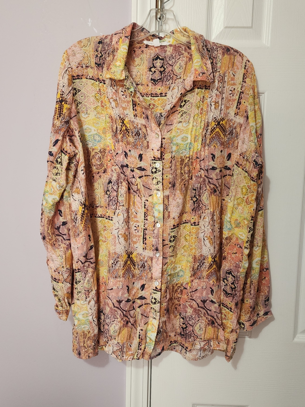 Jane and Delancey Peach and Yellow Printed Button-Up Blouse